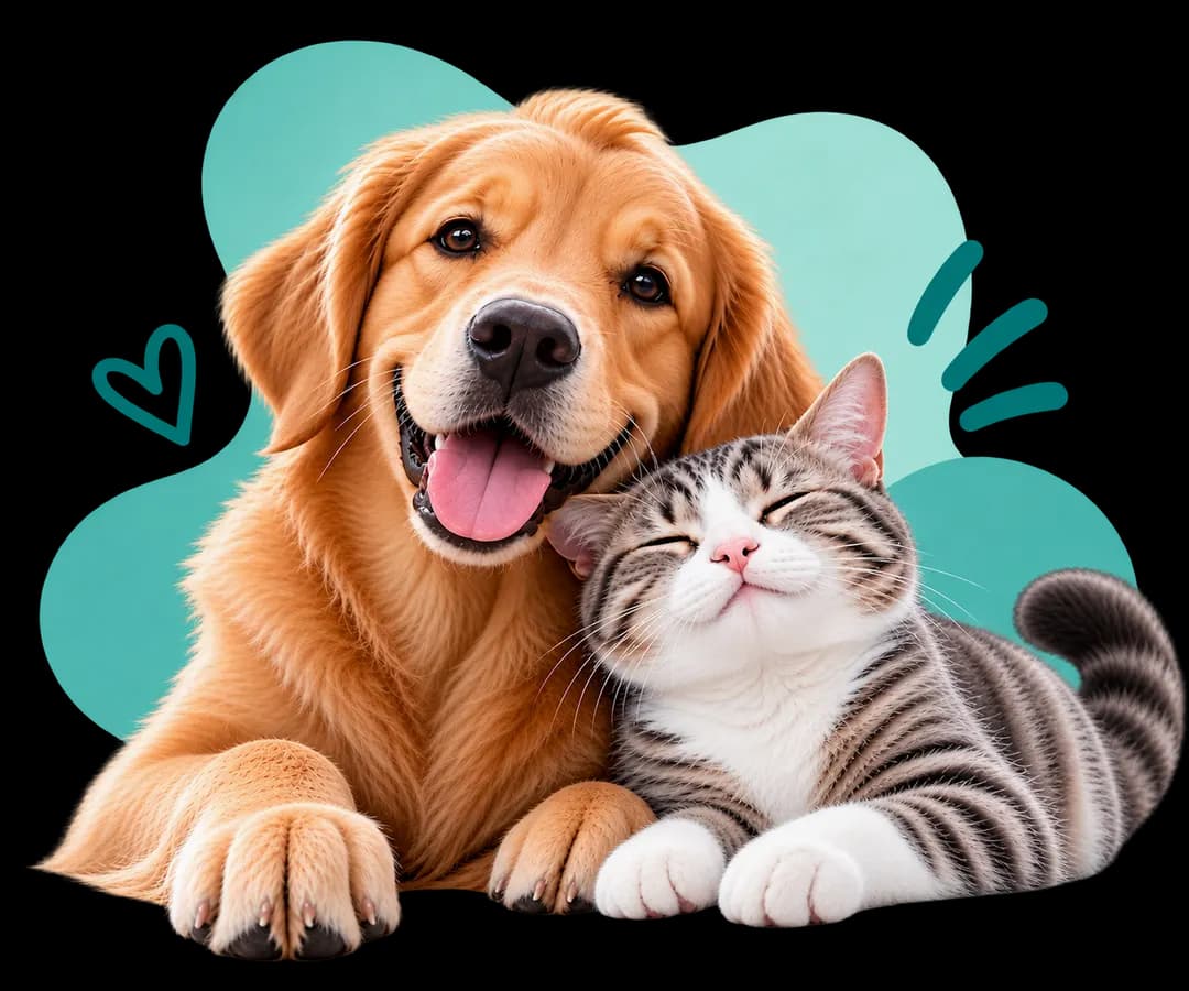 A golden retriever and a tabby cat resting together
